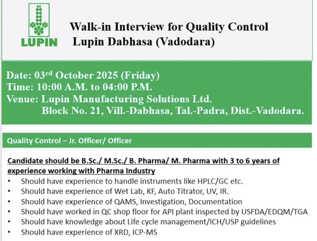 Lupin is Hiring Walk-in Interview 2025 for Quality Control