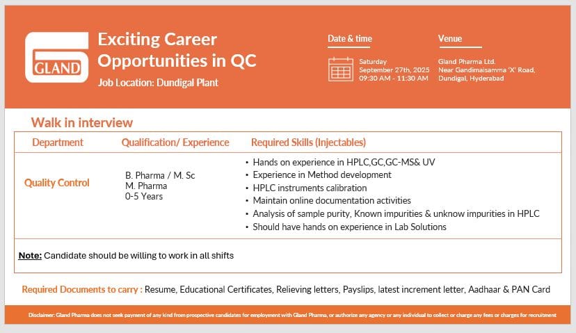 QC Job Vacancy in Hyderabad 2025