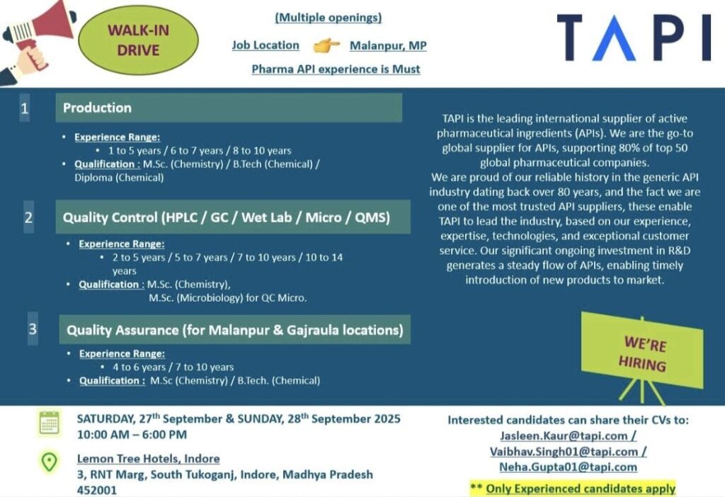 TAPI Job Vacancies Walk-in Drive 2025 