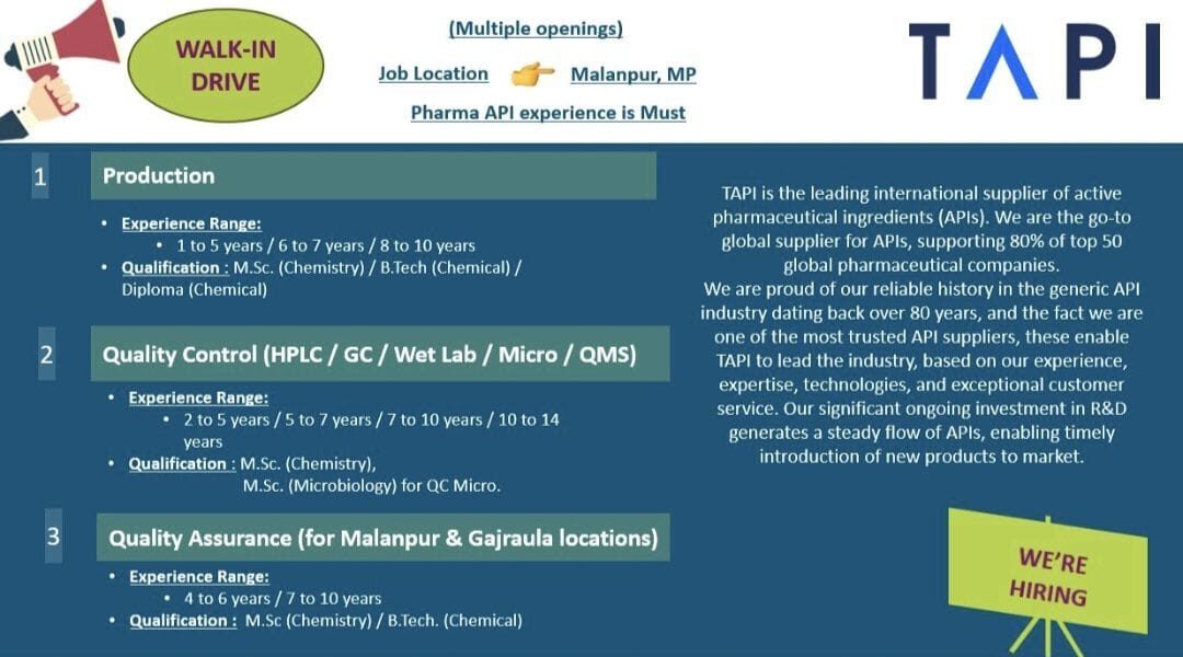 TAPI Job Vacancies Walk-in Drive 2025