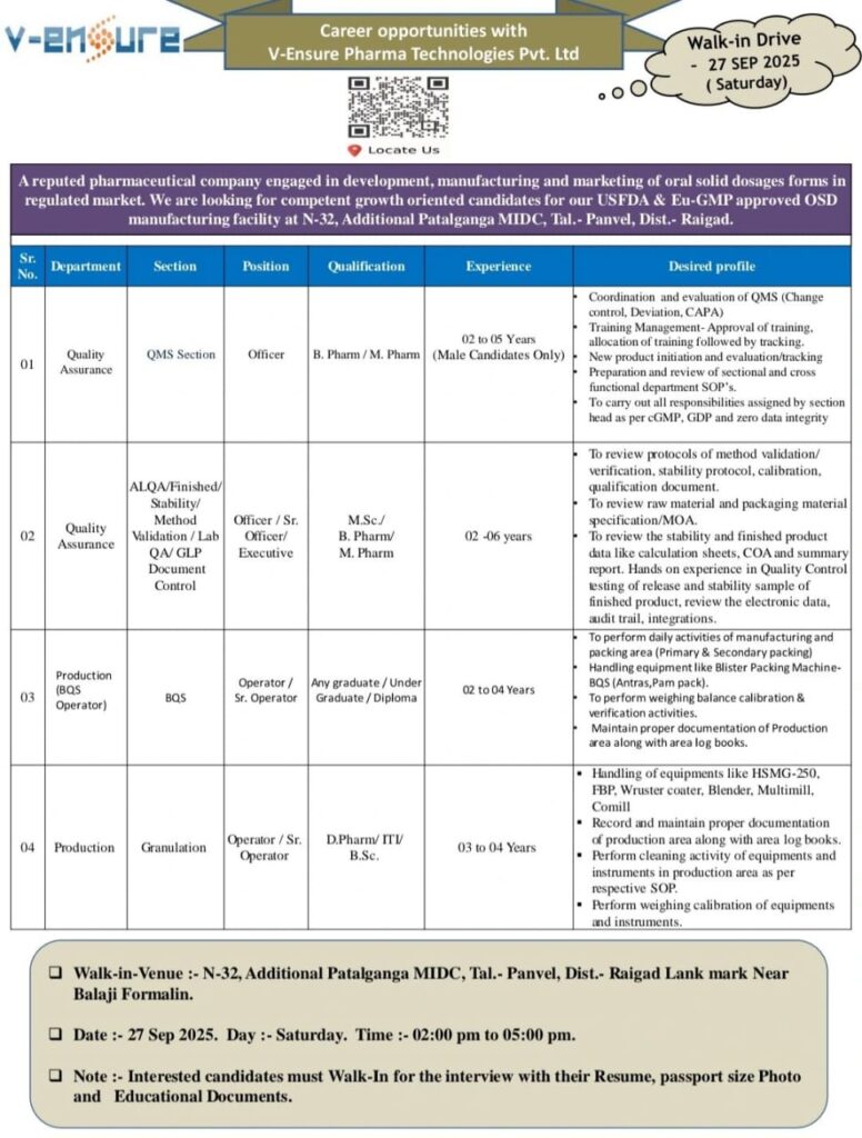 V-Ensure Pharma Walk-in Interview 2025