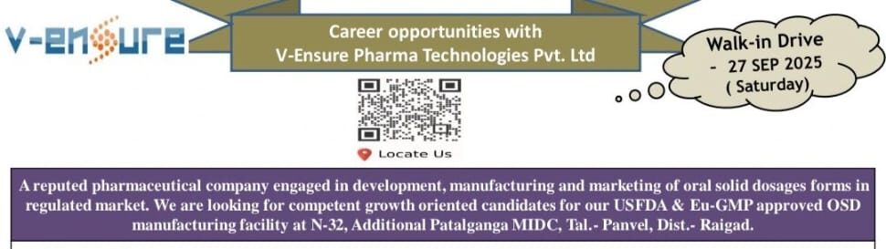 V-Ensure Pharma Walk-in Interview 2025