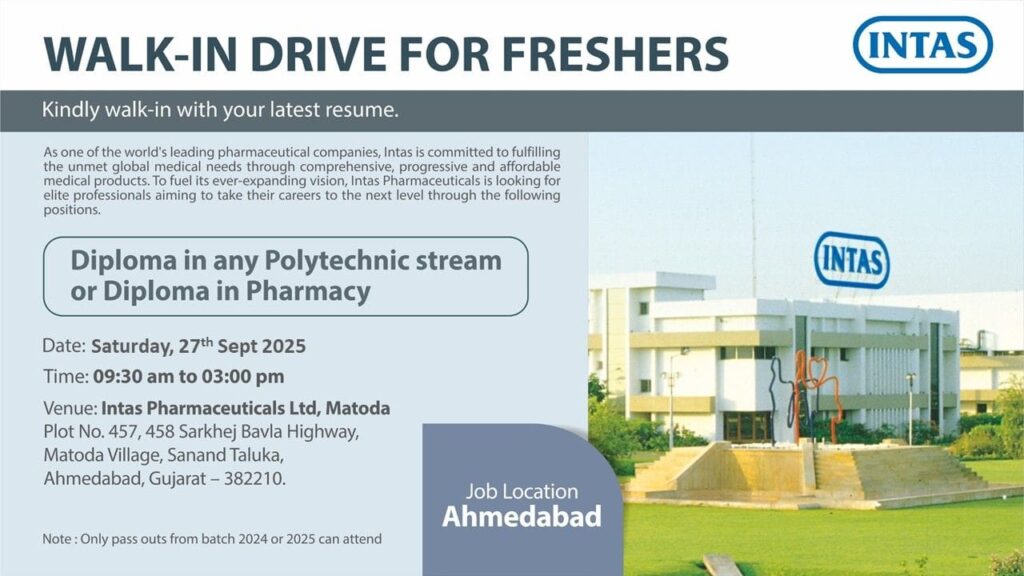 Walk-In Drive for Freshers at Intas Pharmaceuticals 2025