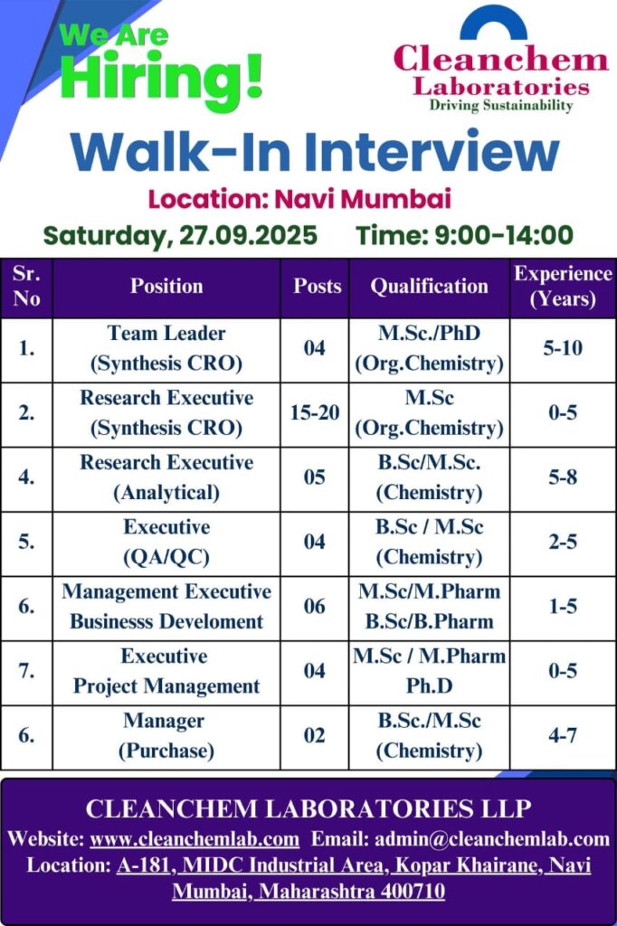 Walk-In Interview 2025 at Cleanchem Laboratories