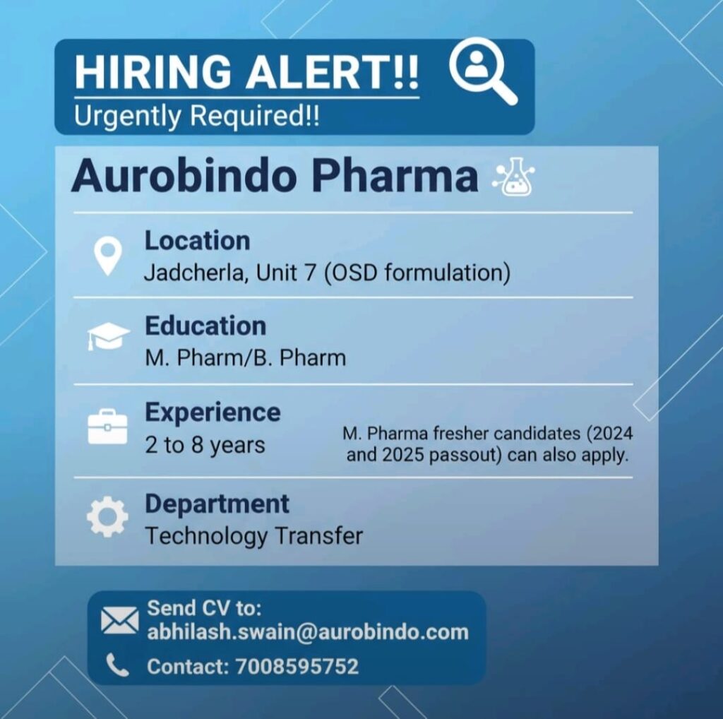 Aurobindo Pharma Job Vacancy 2025