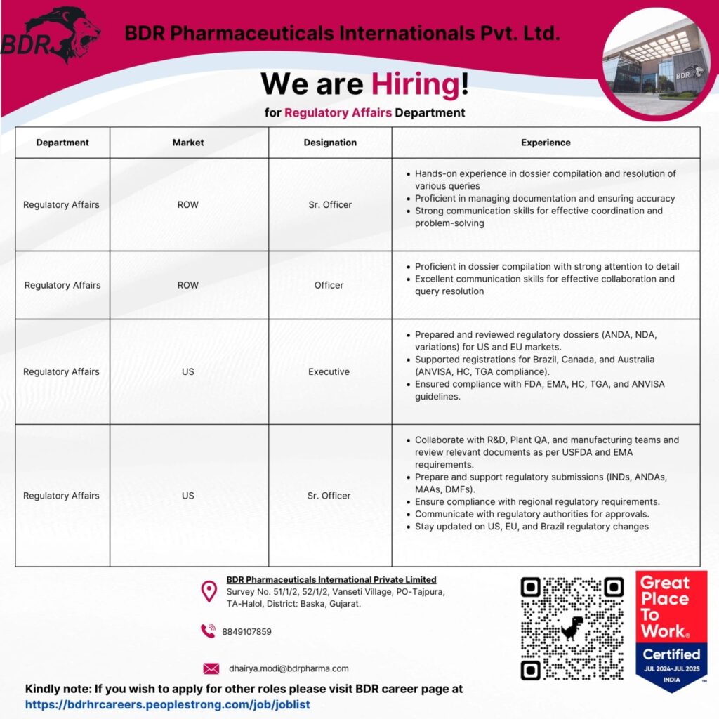 BDR Pharma Vacanccy Regulatory Affairs 2025