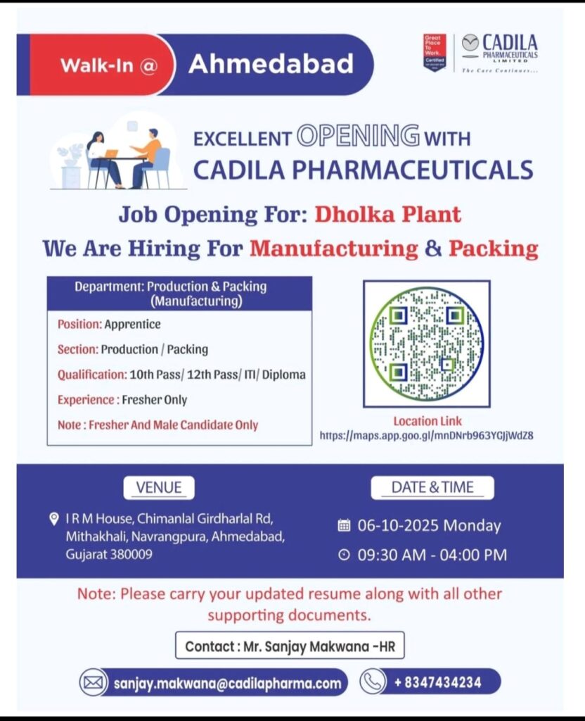 Cadila Pharma Walk-In 2025 Freshers