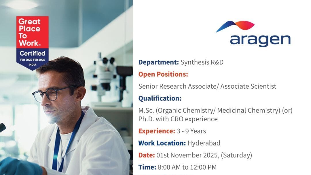 Discovery Chemistry Roles in Hyderabad at Aragen