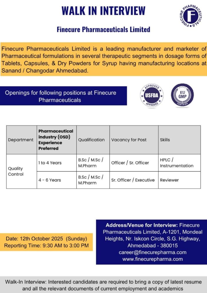 Finecure Pharma Walk in Interview 12 octomber