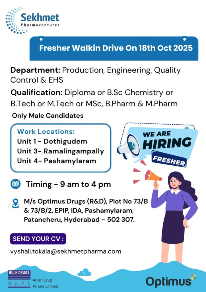 Fresher Walk-in Drive for Pharma Careers (October 2025)