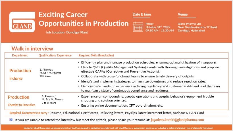 Gland Pharma Careers: Production Incharge 