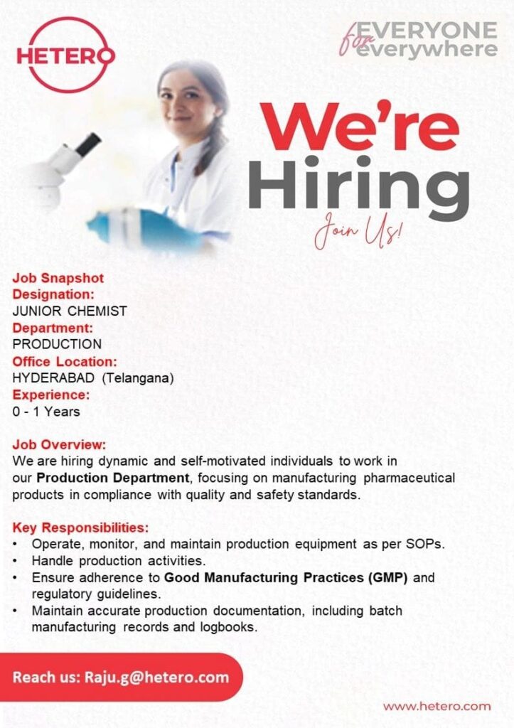 Hetero Pharma Job Vacanccy Fresher 2025