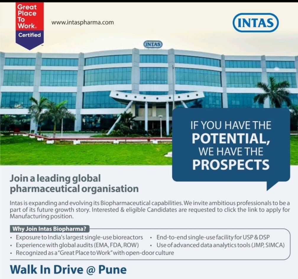 Intas Pharmaceuticals Job Vacancy pune 2025
