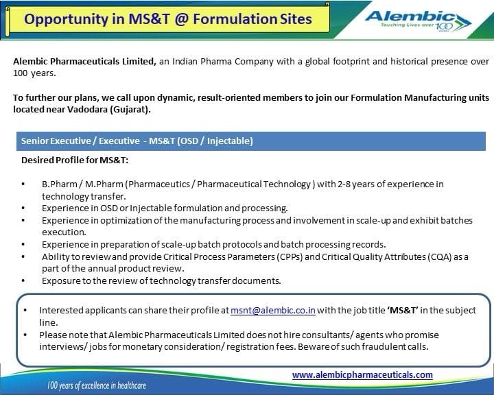 Sr. Executive/Executive MS&T Job Alembic Pharmaceuticals