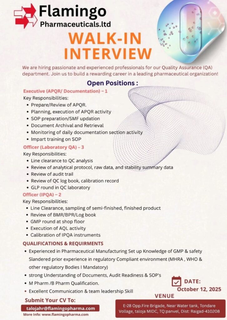 Walk-In for QA at Flamingo Pharma 2025