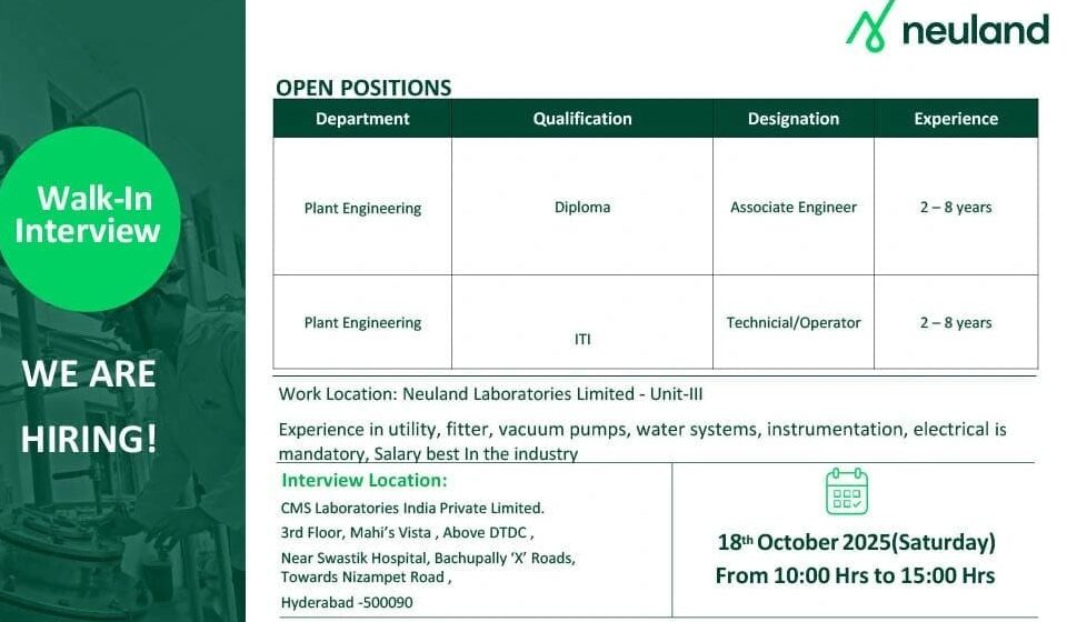 Walk-in Interview Plant Engineering Roles