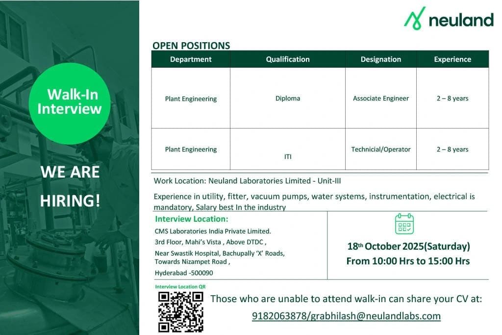 Walk-in Interview Plant Engineering Roles