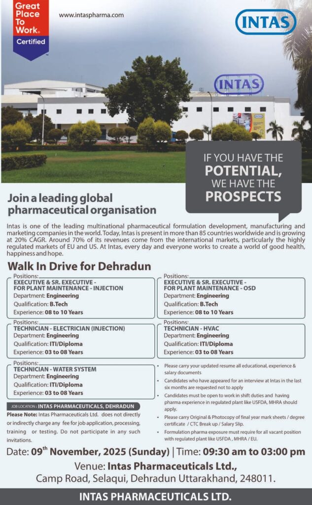 Intas Pharmaceuticals Walk-in Drive in Dehradun