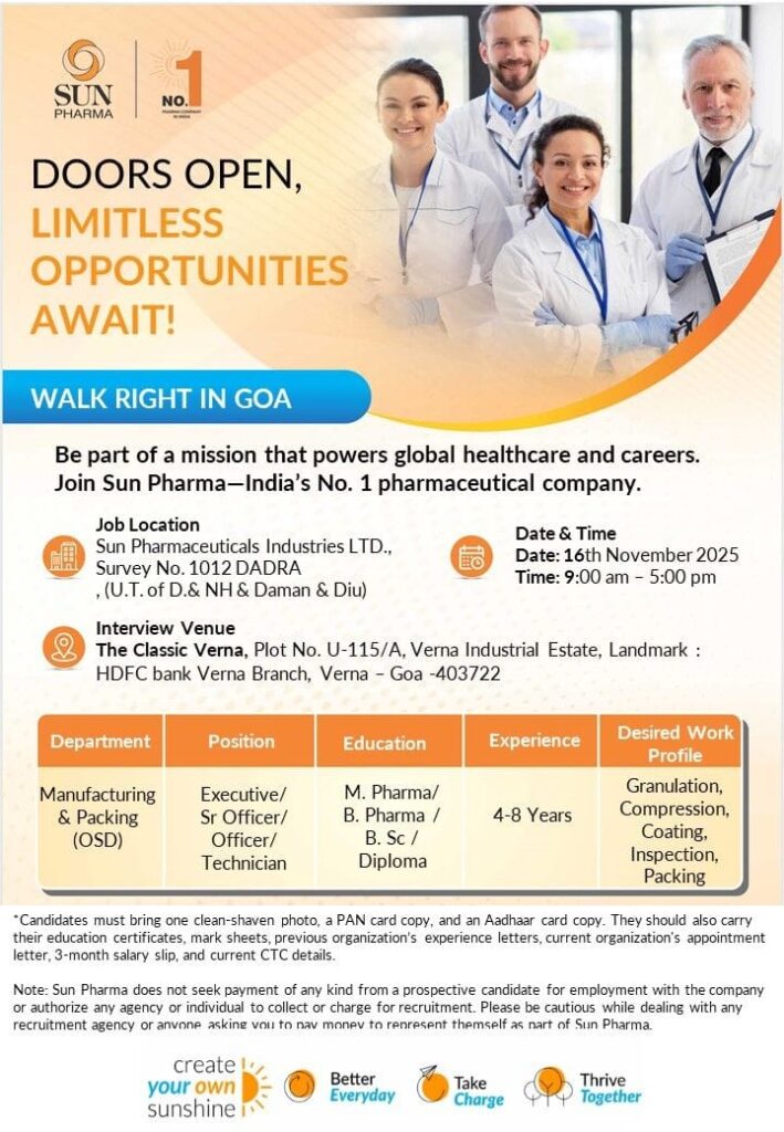 Sun Pharma Walk-in Drive in Goa