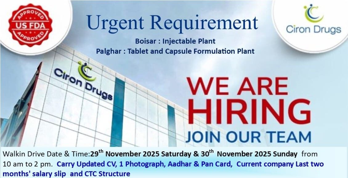 Urgent Job Vacancy at Ciron Drugs