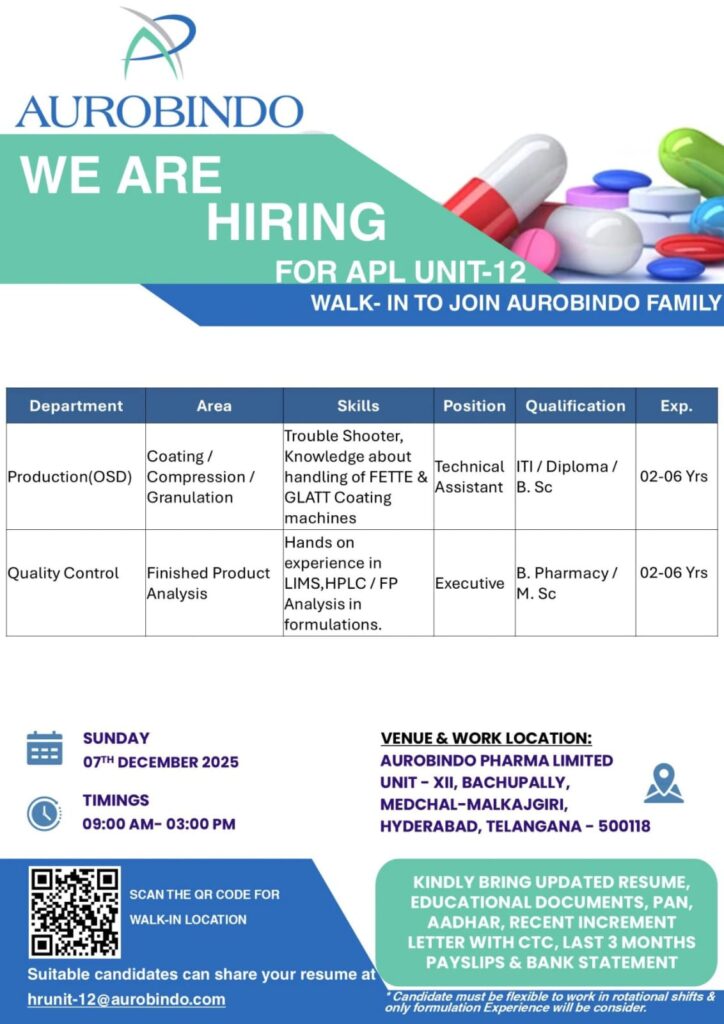 Aurobindo Pharma Job Vacancy 2025