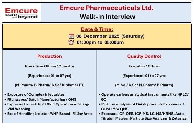 Emcure Pharmaceuticals Job Vacancy 2025
