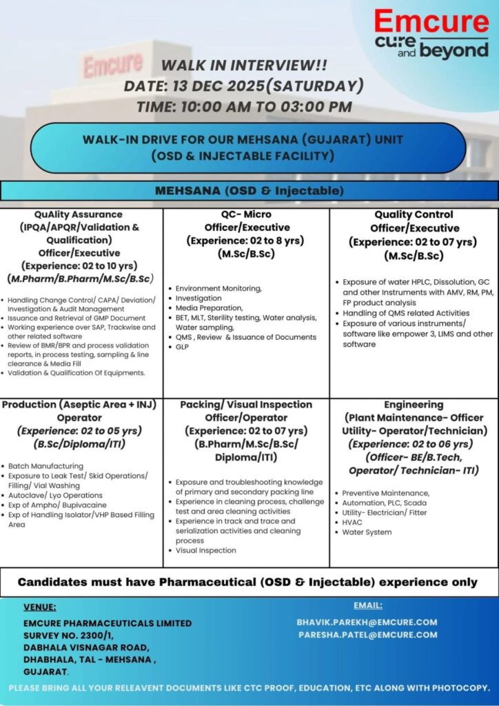 Emcure Walk in Interview Mehsana 2025