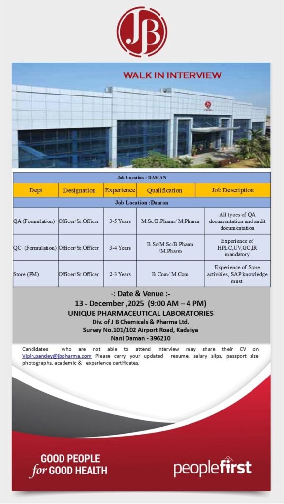 JB Pharma Walk in Interview Daman 2025
