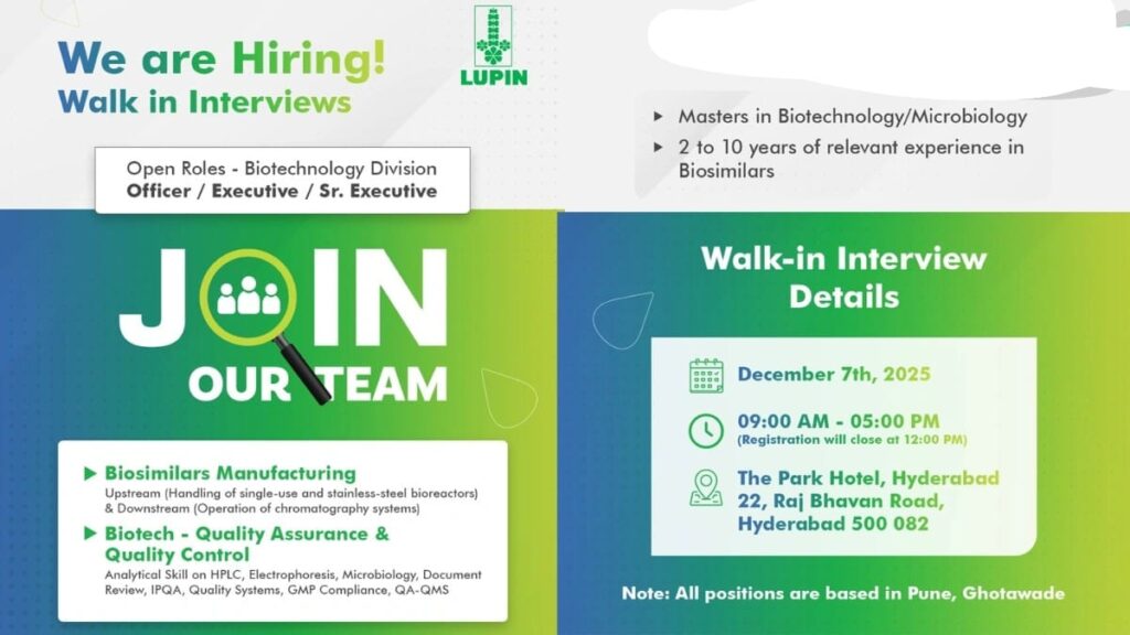 Lupin Pharma Biotechnology Job Vacancy 2025
