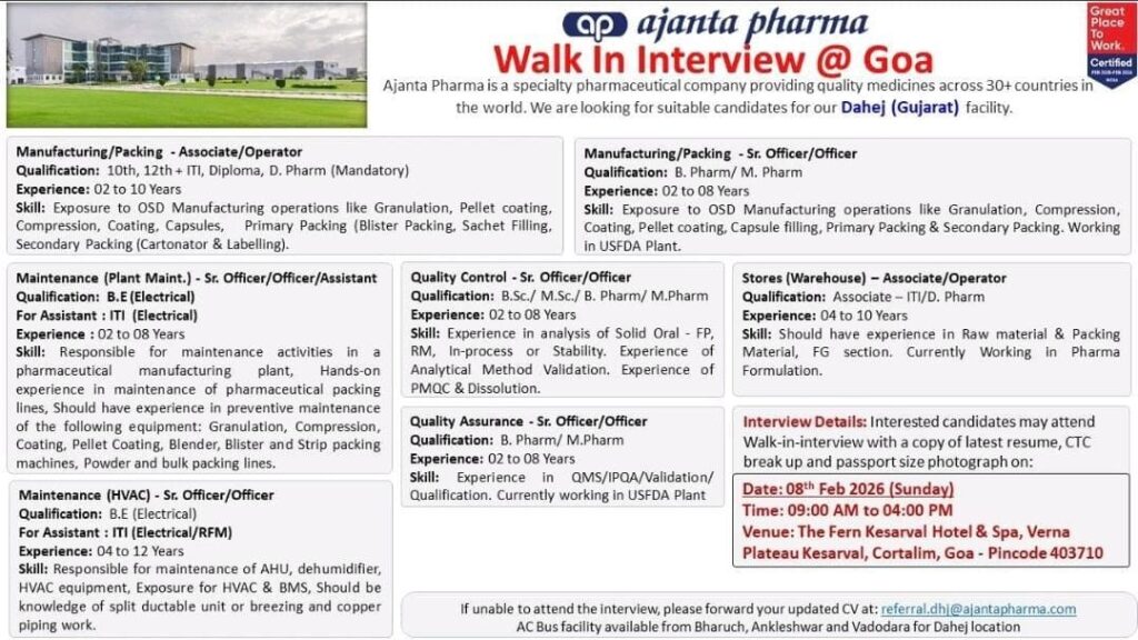 Ajanta Pharma Walk In Interview 2026