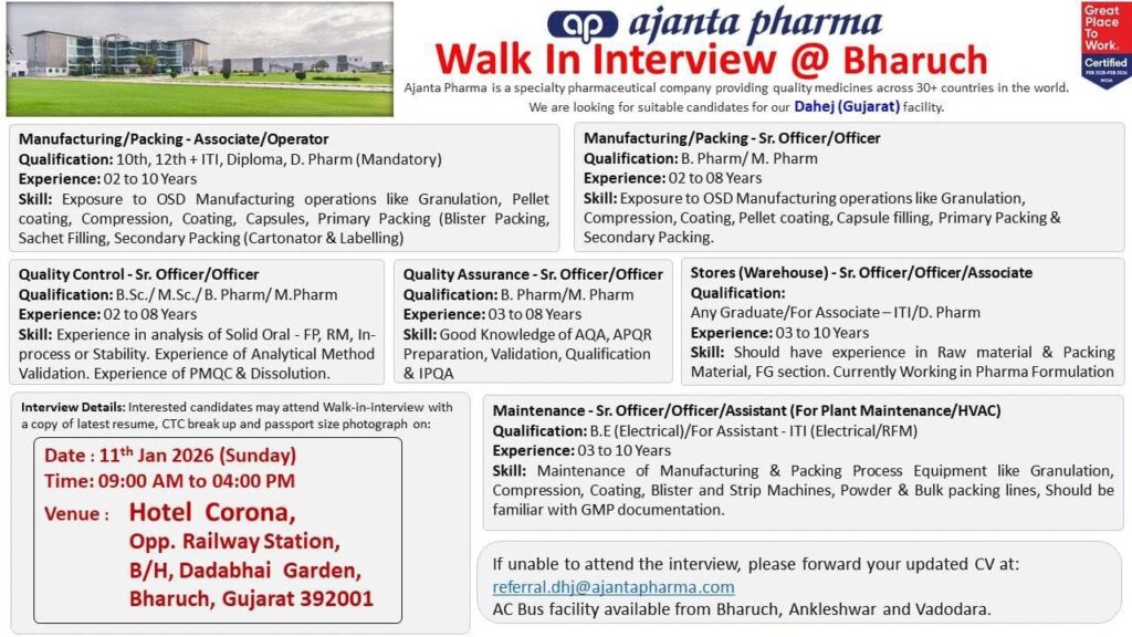 Ajanta Pharma Walk-In Interview 2026
