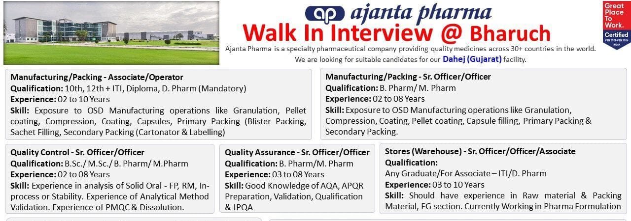 Ajanta Pharma Walk-In Interview 2026