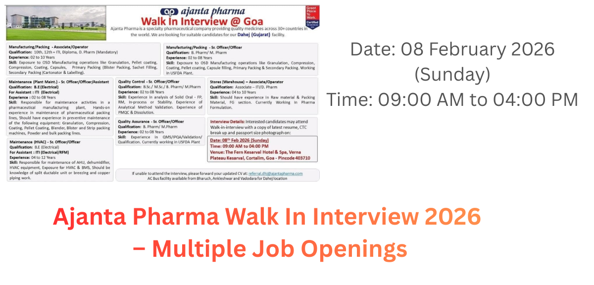 Ajanta Pharma Walk In Interview 2026