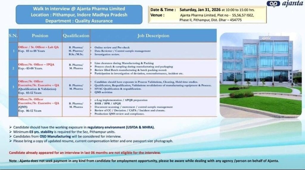 Ajanta Pharma Walk-In Interview in Pithampur