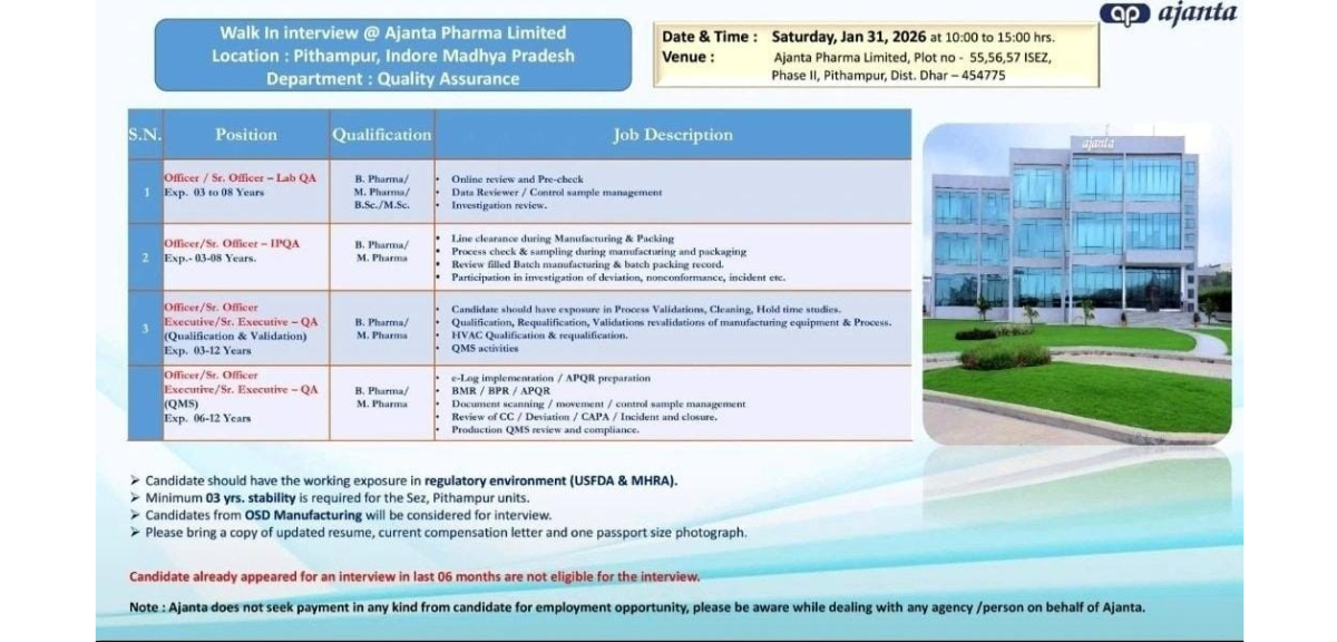 Ajanta Pharma Walk-In Interview in Pithampur
