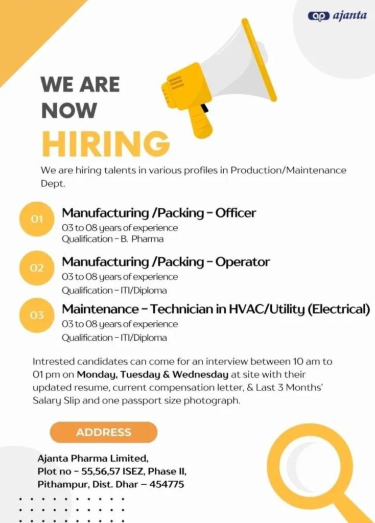Ajanta Pharma jobs in Pithampur