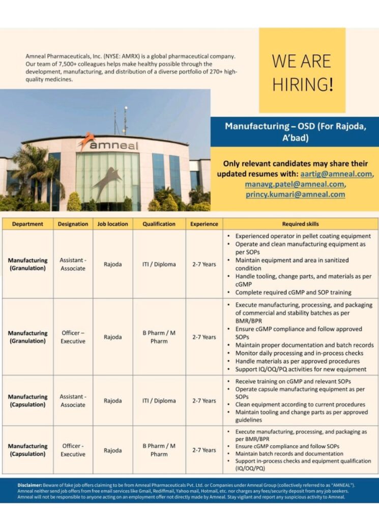 Amneal Pharmaceuticals Manufacturing Jobs