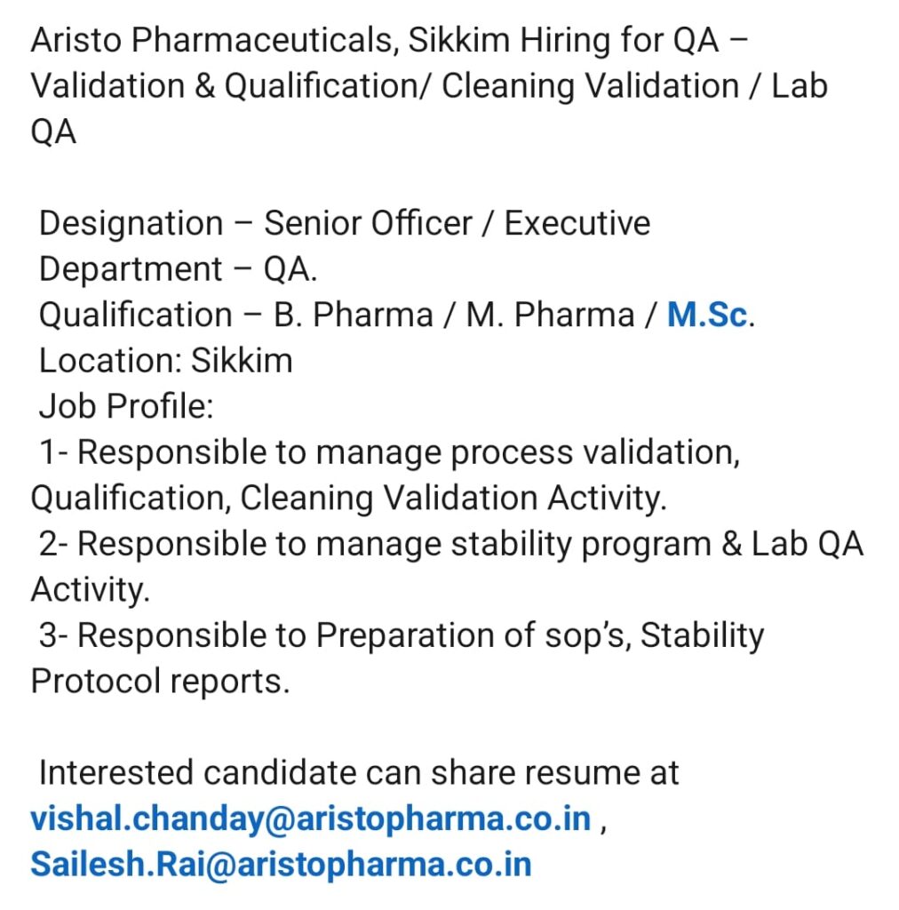 Aristo Pharmaceuticals Job Vacancy in Sikkim