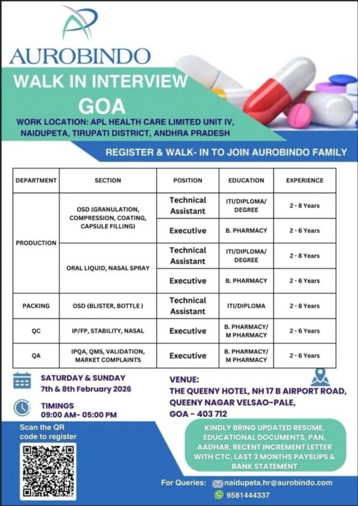 Aurobindo Pharma Walk-In Interview Goa