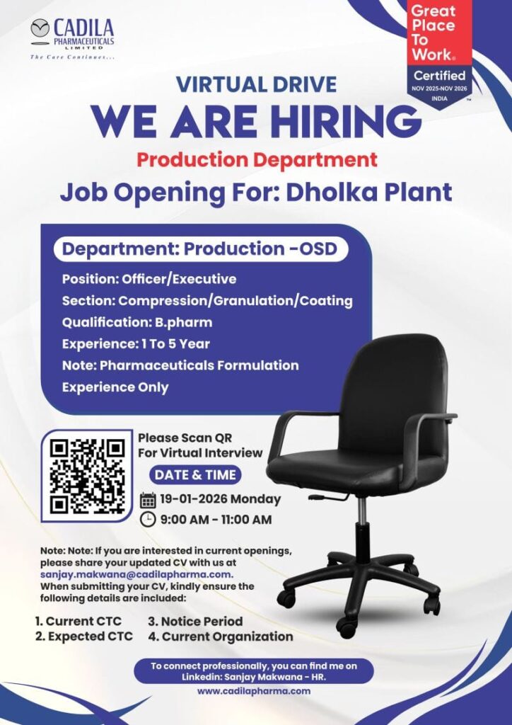 Cadila Pharmaceuticals Job Vacancy 2026