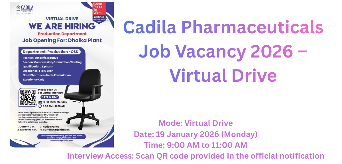 Cadila Pharmaceuticals Job Vacancy 2026