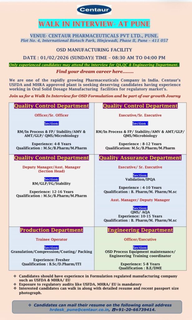 Centaur Pharmaceuticals Walk in Interview Pune