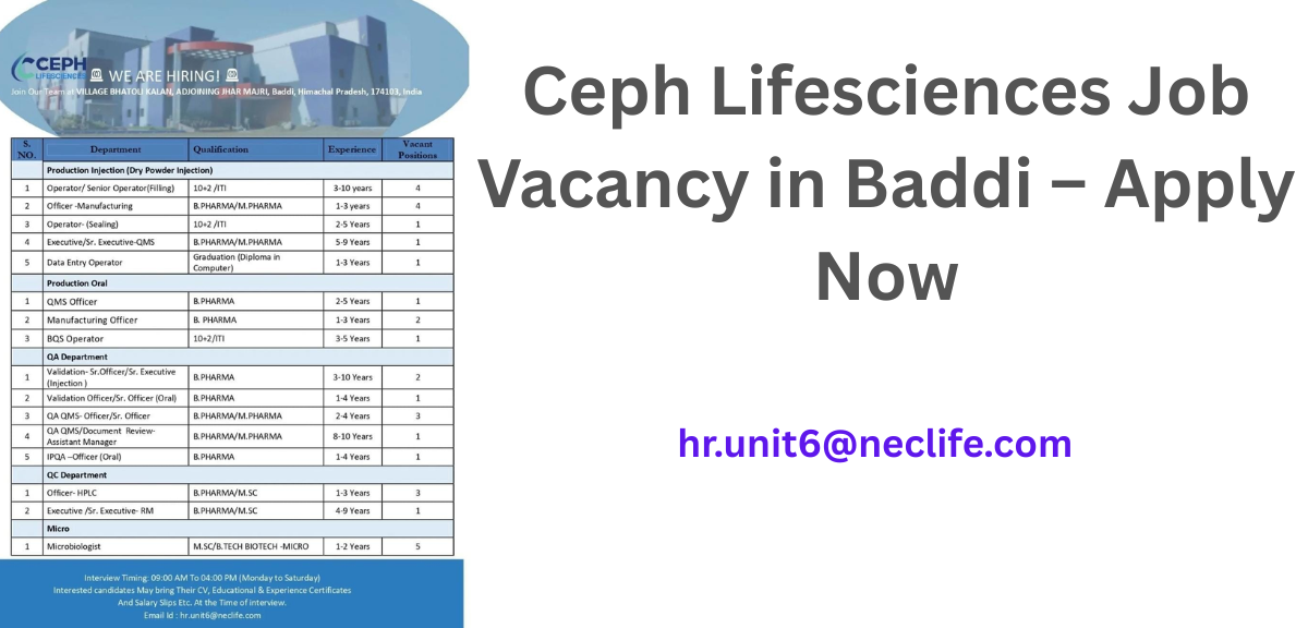 Ceph Lifesciences Job Vacancy in Baddi