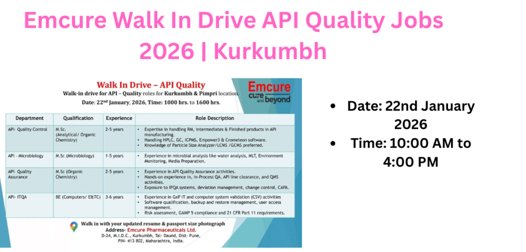 Emcure Walk In Drive API Quality Jobs 2026 | Kurkumbh