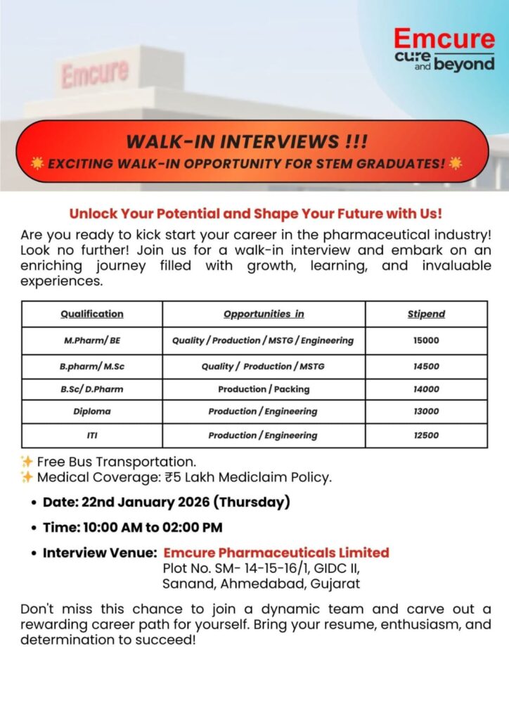 Emcure Walk In Interview 2026