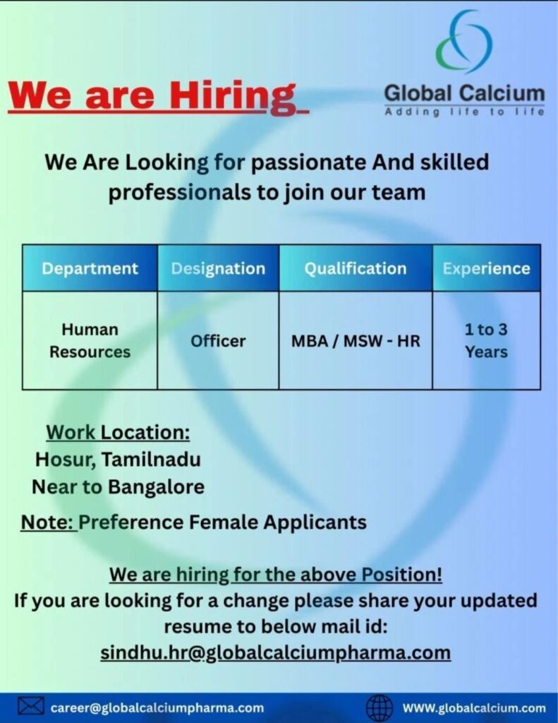 Global Calcium HR Officer Job in Hosur