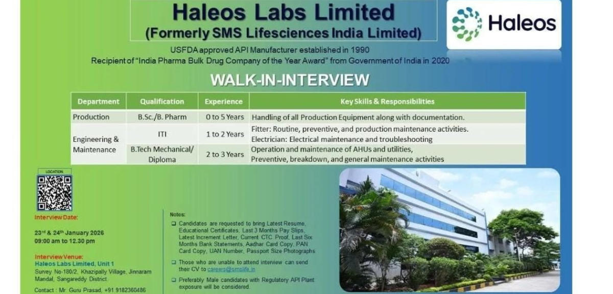 Haleos Labs Limited Walk in Interview 2026