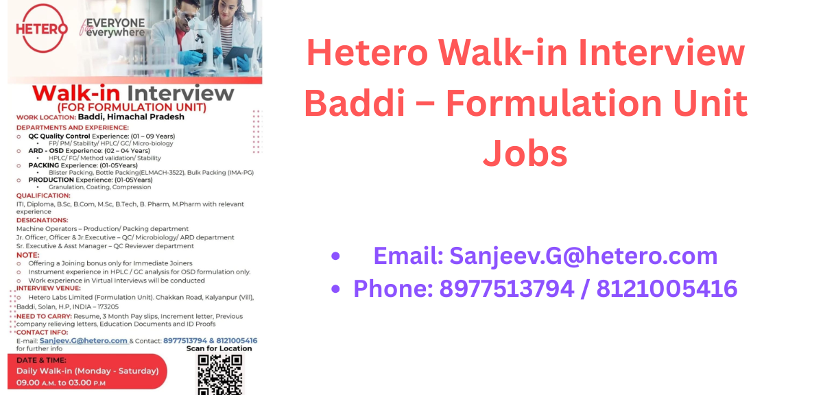 Hetero Walk-in Interview Baddi
