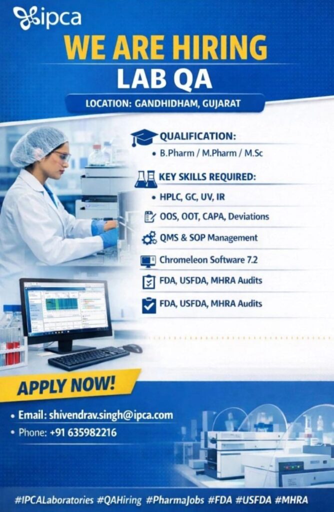 IPCA Laboratories Lab QA Jobs in Gandhidham