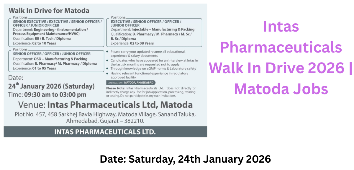 Intas Pharmaceuticals Walk In Drive 2026